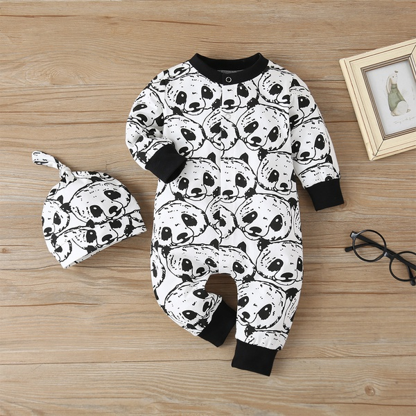 Baby Panda Print Long-sleeve Jumpsuit with Hat Set