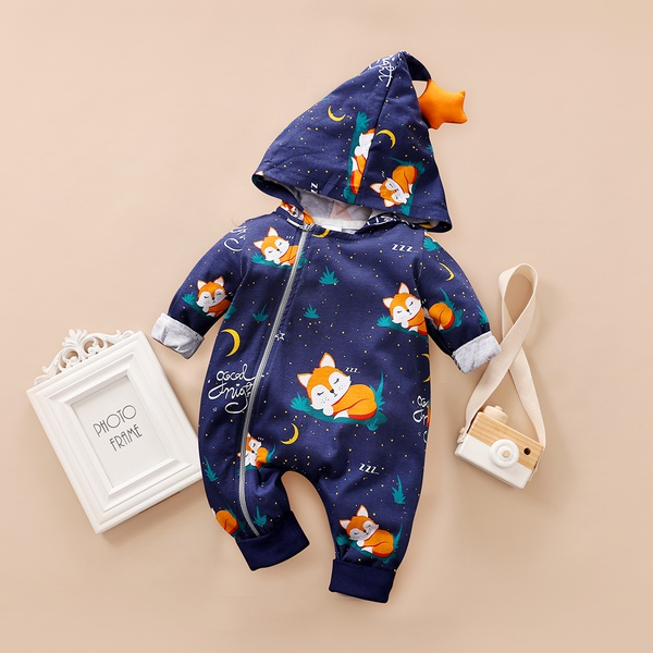 Stylish Fox Design Long-sleeve Hooded Jumpsuit for Baby