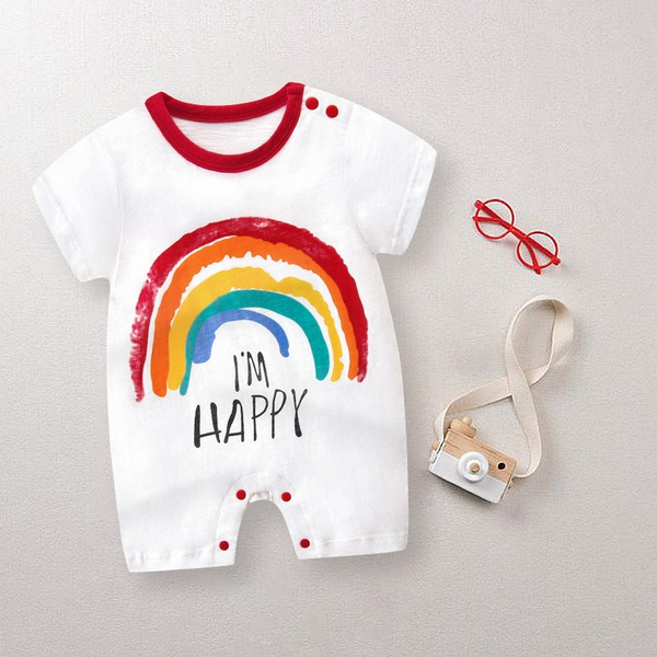 Baby I'M HAPPY Letter Print Rainbow Bodysuits