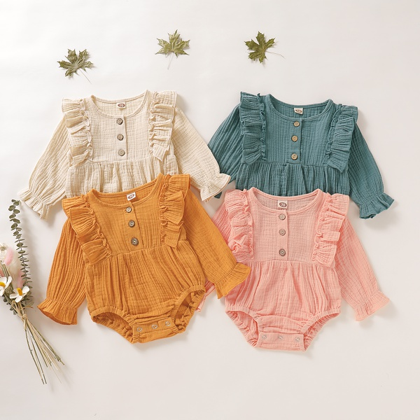 Baby Solid Ruffled Design Cardigan Design Long-sleeve Romper