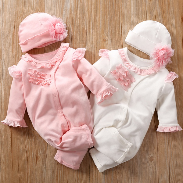 Cute Ruffle Long Sleeves Jumpsuit and Hat for Baby Girl