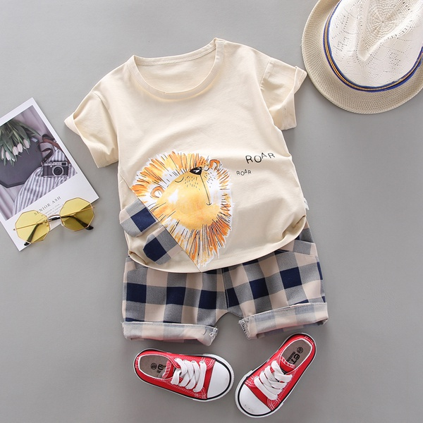 Baby Boy Trendy Cartoon Lion Top and Plaid Shorts Set (No Shoes,No Hat )