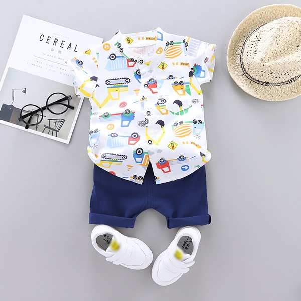 Car Print Short-sleeve Shirt and Solid Pants Set