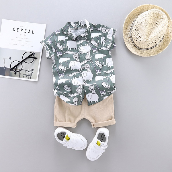 Elephant and Giraffe Print Short-sleeve Shirt and Solid Pants Set