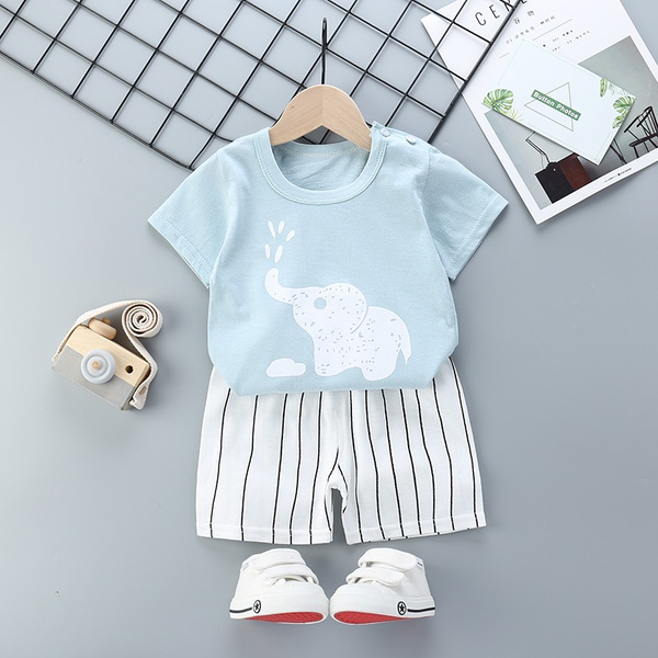 Elephant Print Short-sleeve Tee and Striped Pants Set