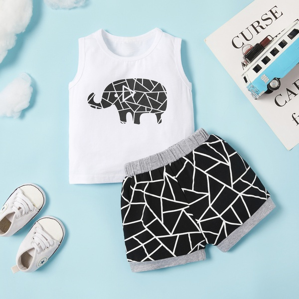 Baby Boy Cartoon Animal Elephant Tank and Shorts Set (No Shoes )