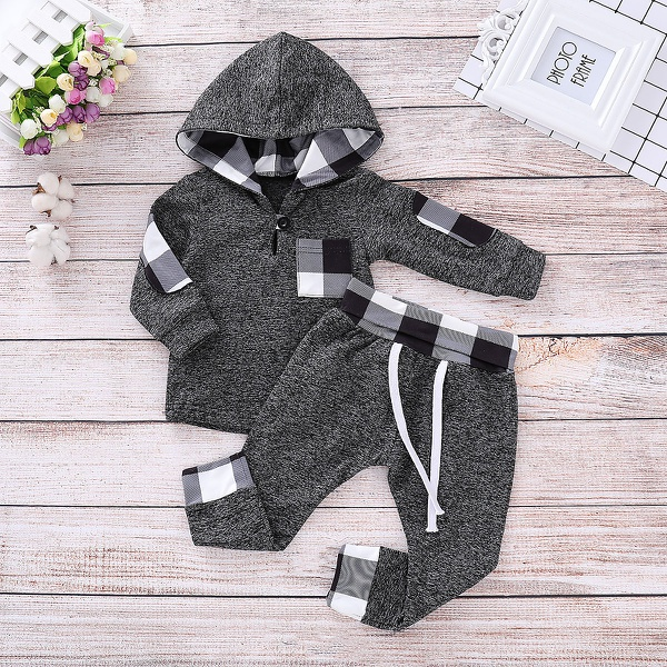 Baby Boy Plaid Hoodie and Tie-up Pants Set