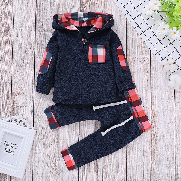 Baby Boy Trendy Plaid Long-sleeve Hoodie and Pants Set