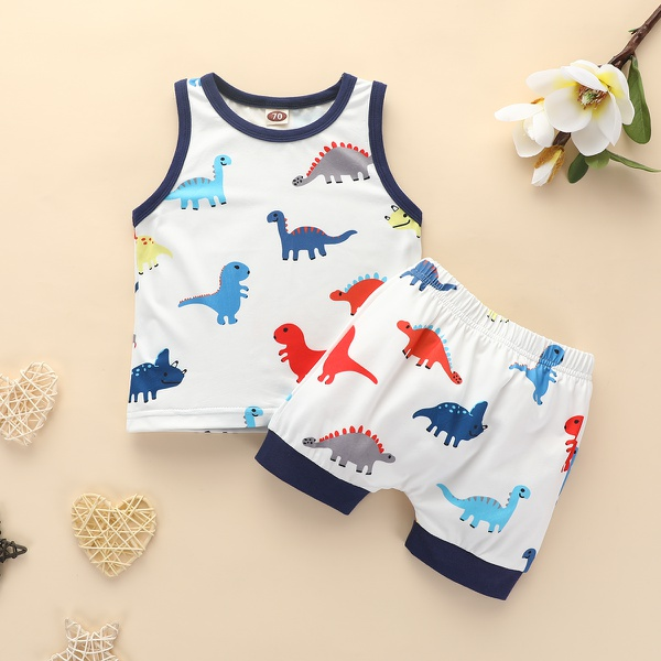 Baby Boy Casual Cartoon Dinosaur Allover Tank and Shorts Set