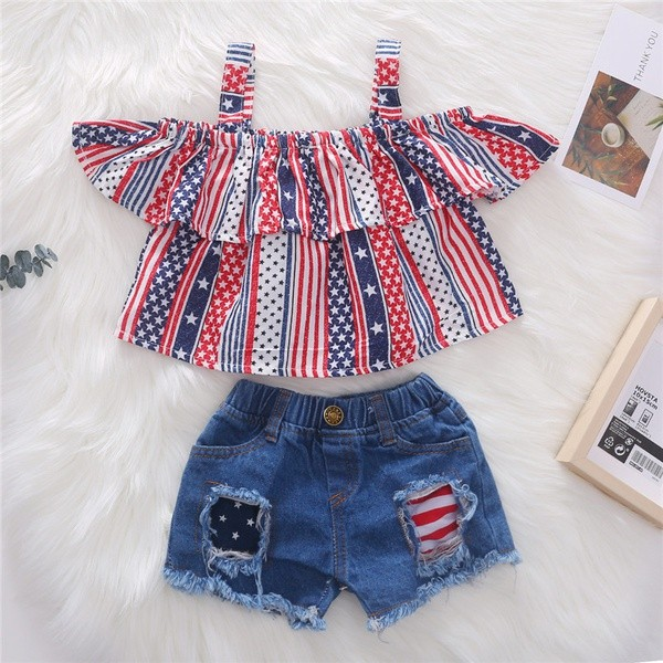 Baby 4th of July US Flag Print Flounced-sleeve Top and Shorts Set