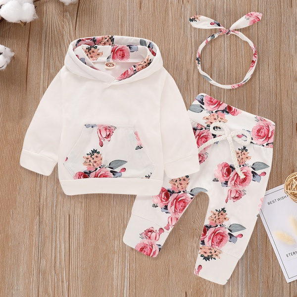 Beautiful Floral Long-sleeve Hoodie, Pants and Headband Set