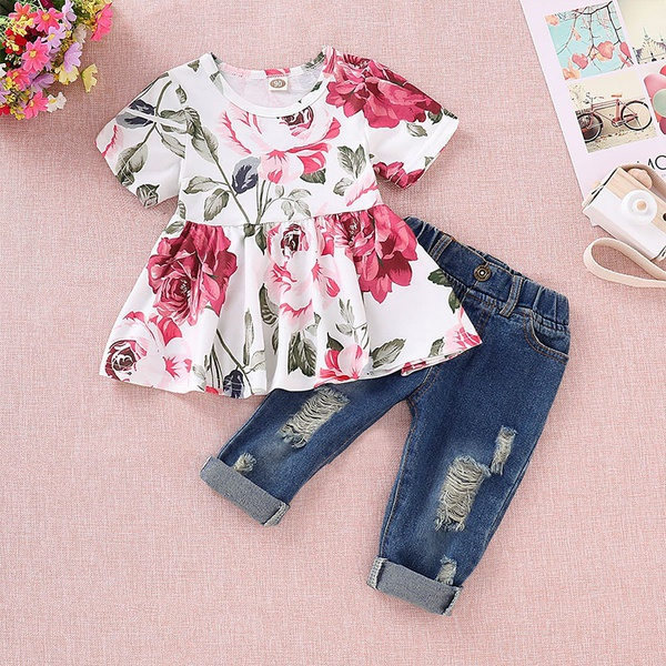 Fresh Floral Short-sleeve Top and Jeans Set