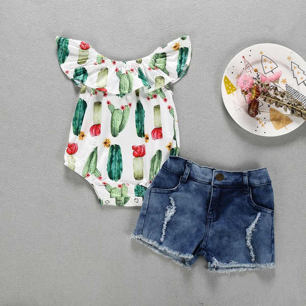 Baby Cactus Print Flounced Collar Bodysuit and Denim Shorts Set