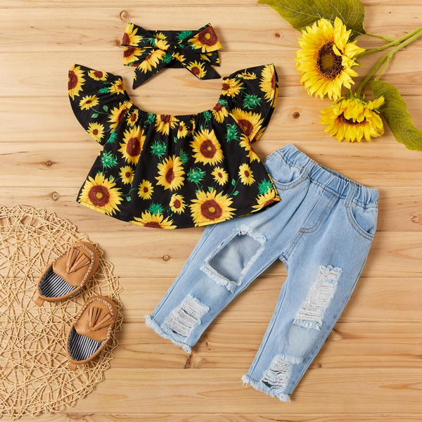 3-piece Sunflower Print Short-sleeve Top and Jeans Set