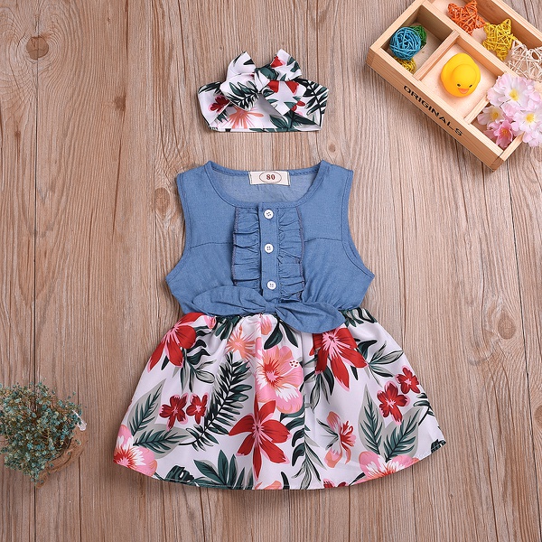 Baby Denim Floral Dresses with Headband