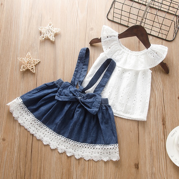 Baby Sweet Solid Top and Denim Suspender Skirt Set