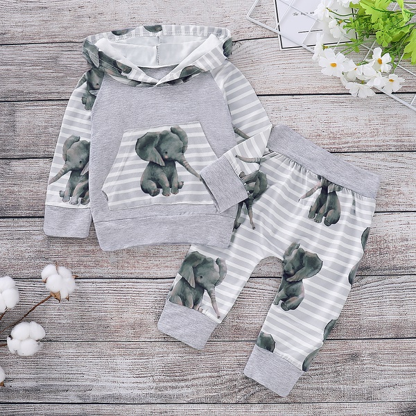 Cute Elephant Patterned Hoodie and Pants Set