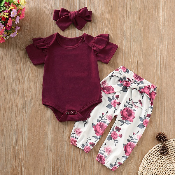 Ruffle Bodysuit Rose Print Pants and Headband Set