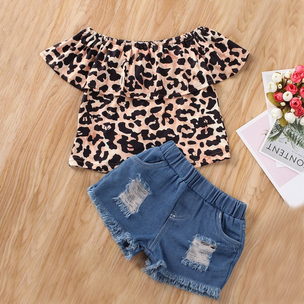 Leopard Print Off Shoulder Top and Denim Shorts Set