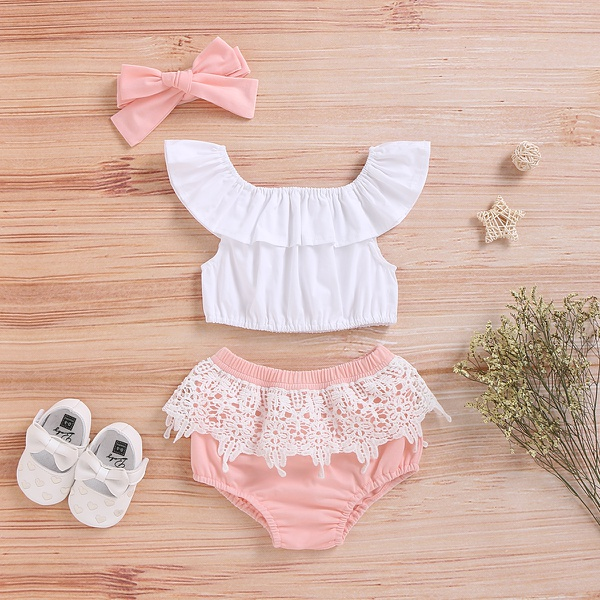 3-piece Baby Solid Off Shoulder Top and Lace Decor Shorts with Headband Set