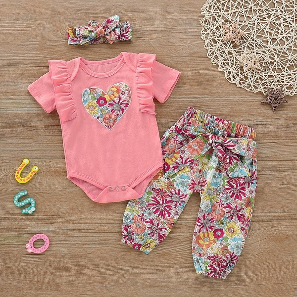 3-piece Heart Print Short-sleeve Bodysuit and Allover Pants Set