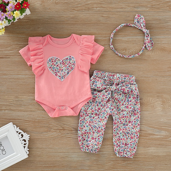 Heart Print Short-sleeve Bodysuit and Allover Pants with Headband Set