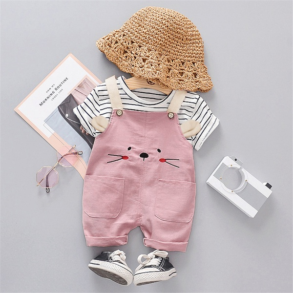 Cat Print Short-sleeve Shirt and Suspender Shorts Set