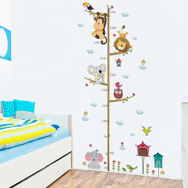 Cartoon Animals Lion Monkey Owl Elephant Height Measure Wall Sticker For Kids Rooms Growth Wall Art