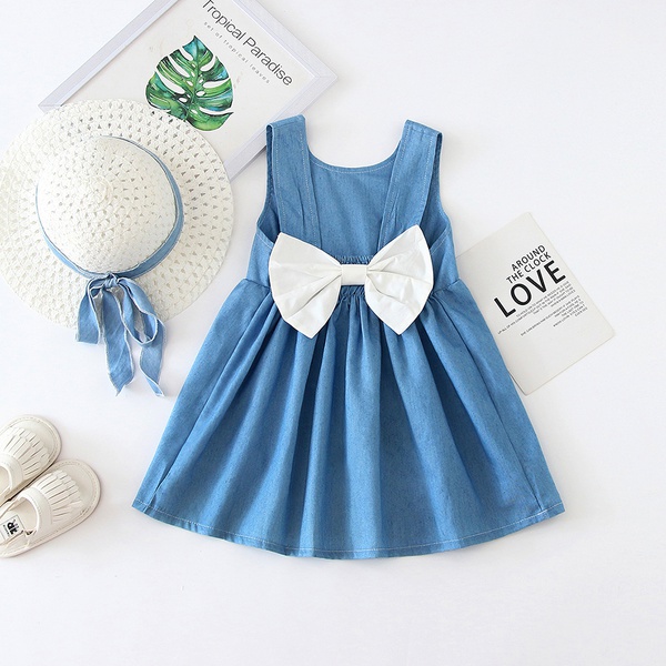 Baby Backless Denim Dress with Straw Hat