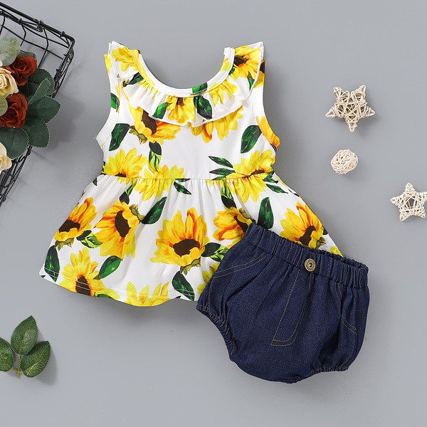 Sunflower Print Sleeveless Top and Denim Shorts Set