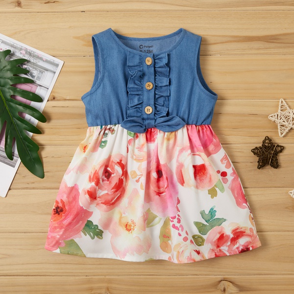 Baby Soft Denim Splice Floral Dress