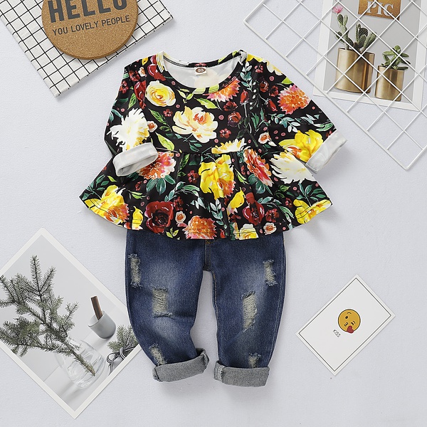 Baby Fashionable Floral Dress Top and Ripped Jeans Set