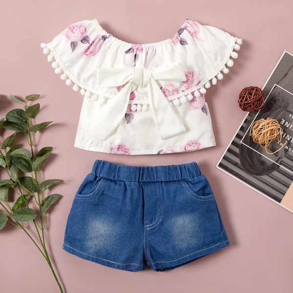 Girls Tasseled Decor Top and Denim Shorts Set