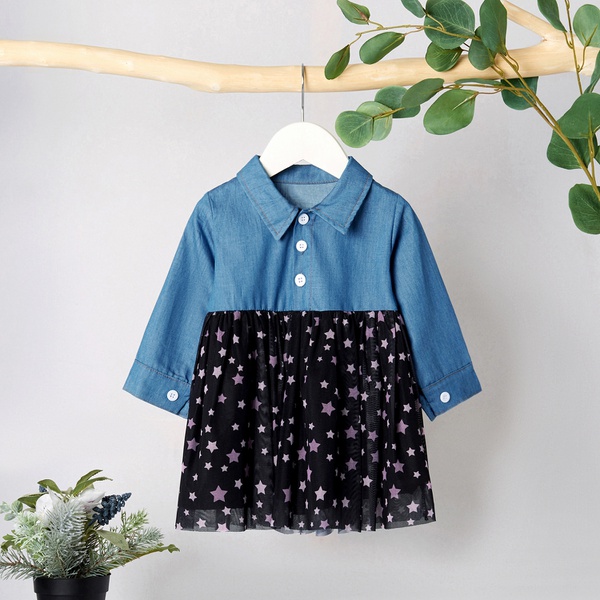 Baby / Toddler Denim Splice Stars Print Tulle Dress