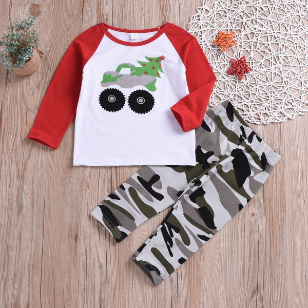 2-piece Toddler Boy Car Print Top and Camouflage Pants Set