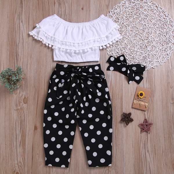 3-piece Fashionable Off Shoulder Pompon Flounced Top and Polka Dots Pants Set