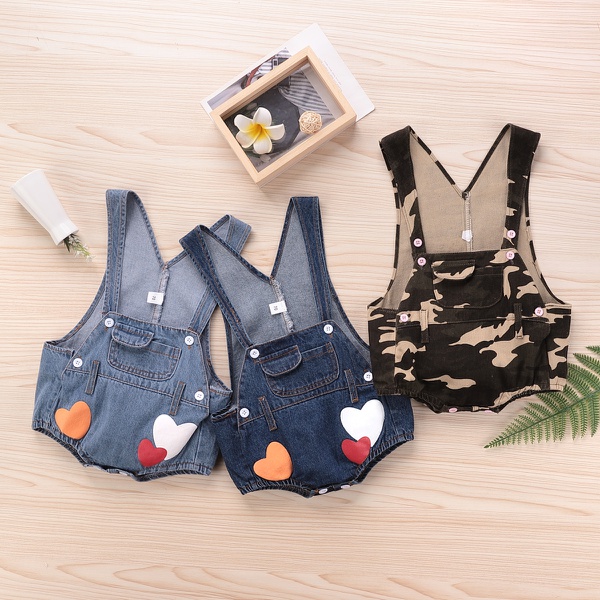 Baby Denim Heart Print Suspender Rompers