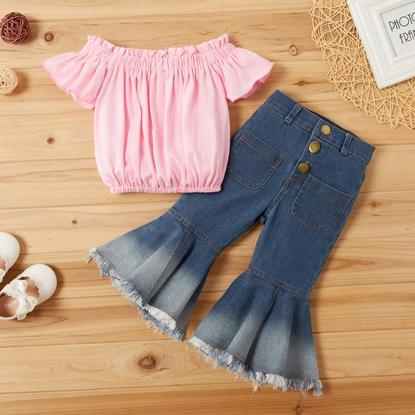 Baby / Toddler Summer Solid Flounced Collar Top and Denim Bellbottom Pants Set