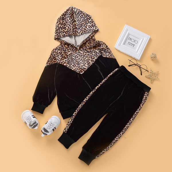 2-piece Baby / Toddler Girl Leopard Pattern Hoodie and Colorblock Pants Set