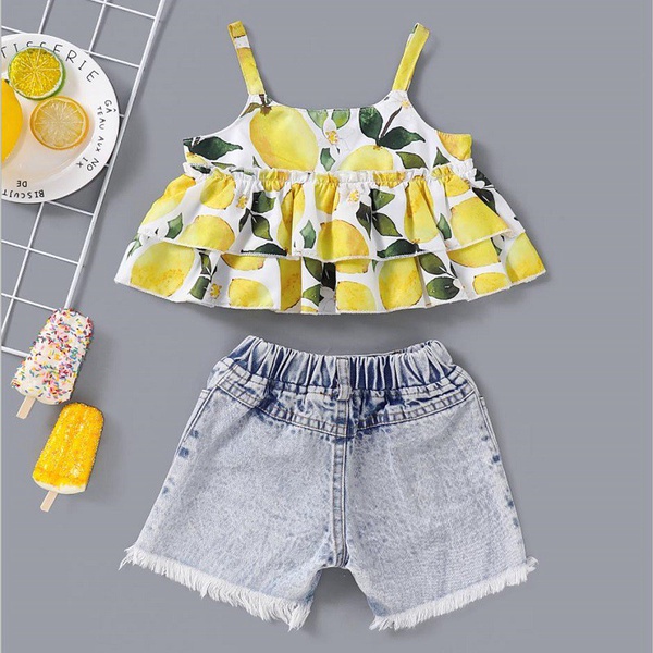 Lemon Print Slip Top and Denim Shorts Set