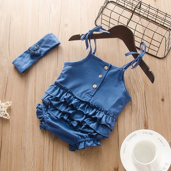 Baby Girl Solid Denim Style Sleeveless Romper and Headband