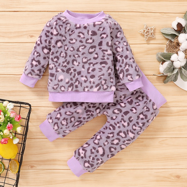 2-piece Baby / Toddler Girl Leopard Print Fluff Long-sleeve Top and Pants Set