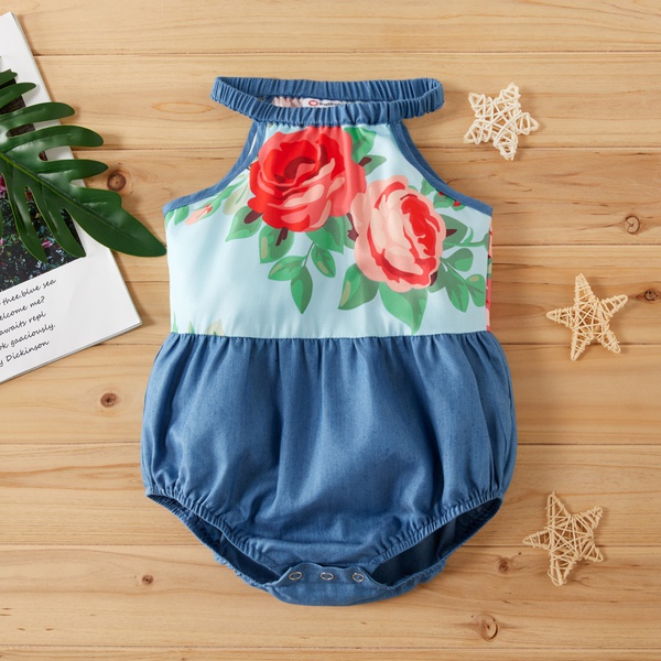 Baby Floral Print Denim Splice Romper