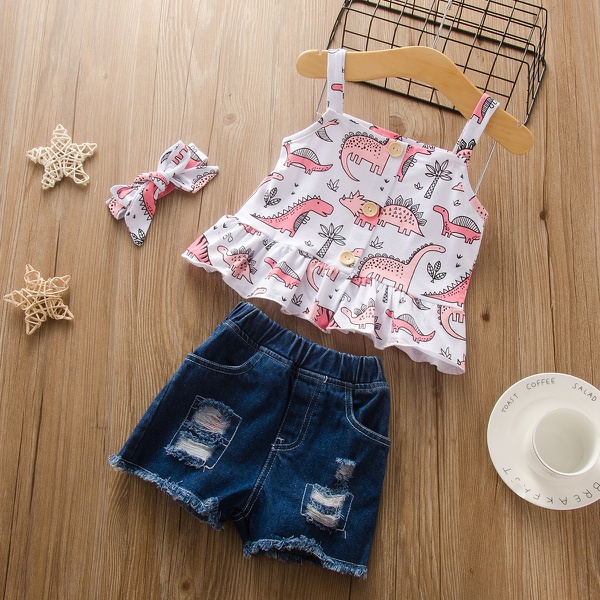 Baby Girl Casual Cartoon Animal Dinosaur Allover Top and Denim Shorts Set with Headband