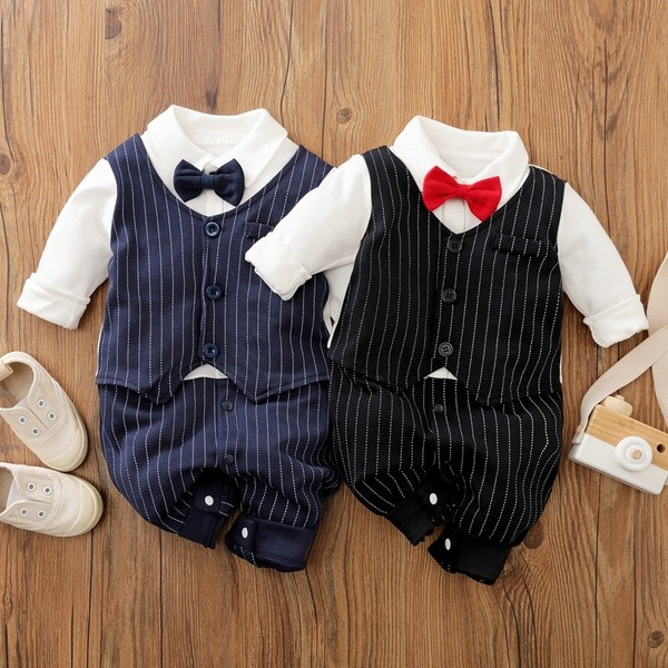 Baby Boy Gentleman Bow tie Striped Jumpsuit