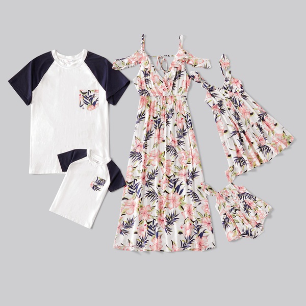 Mosaic Family Matching Floral V-neck Tank Dresses and Raglan Sleeves T-shirts