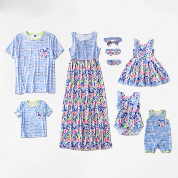 osaic Family Matching Floral Print Flutter-sleeve Tank Dresses Stripe Tee