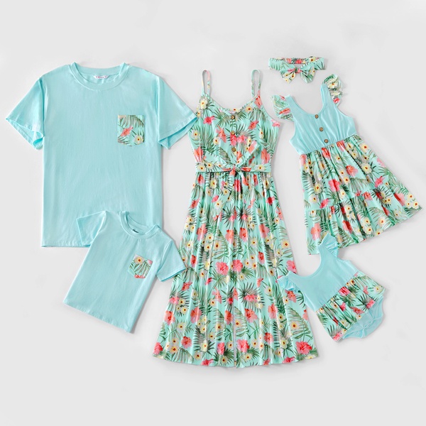 ral Print Family Matching Light Blue Dresses Short-sleeve T-shirts