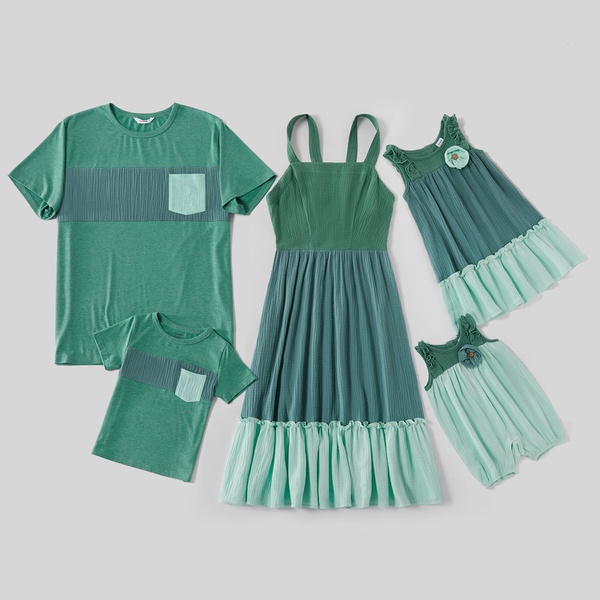 Mosaic Family Matching Green Splice 100% Cotton Setsï¼ˆTank Dresses -Rompers - Tops)