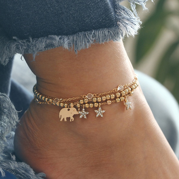 Elephant Decor Stars Tasseled Anklet